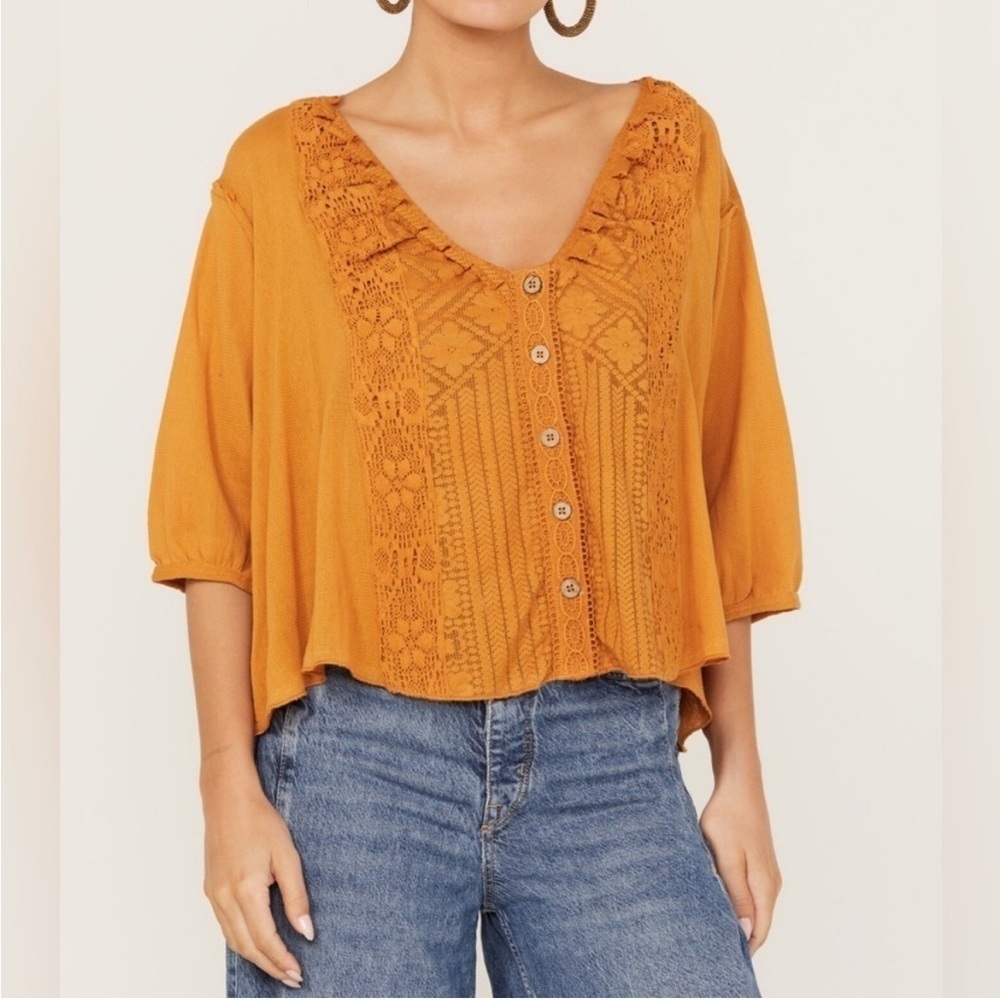 Free People Mustard Crochet Button-Front Blouse